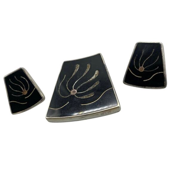 Vintage Sterling Black onyx Modernists
Earrings and pendant Mid Century Beto - Picture 1 of 9